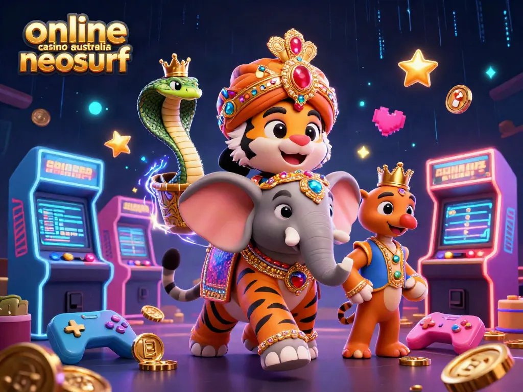 Play at online casino Australia Neosurf with vibrant 3D illustration of a maharaja and elephant.