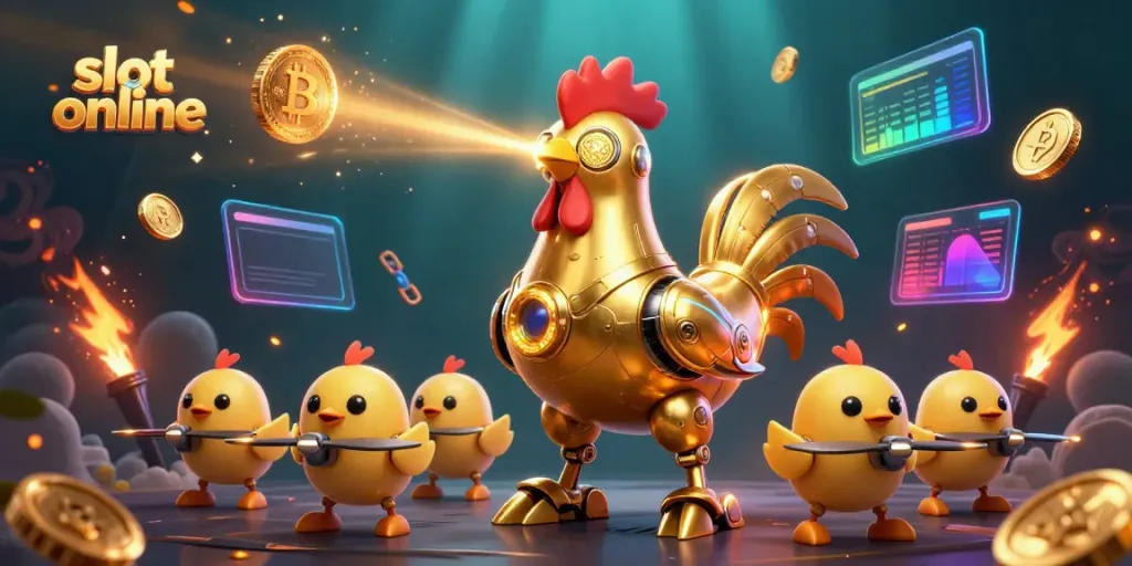 Engage in slot online gaming with a retro-futuristic golden rooster robot and Bitcoin elements