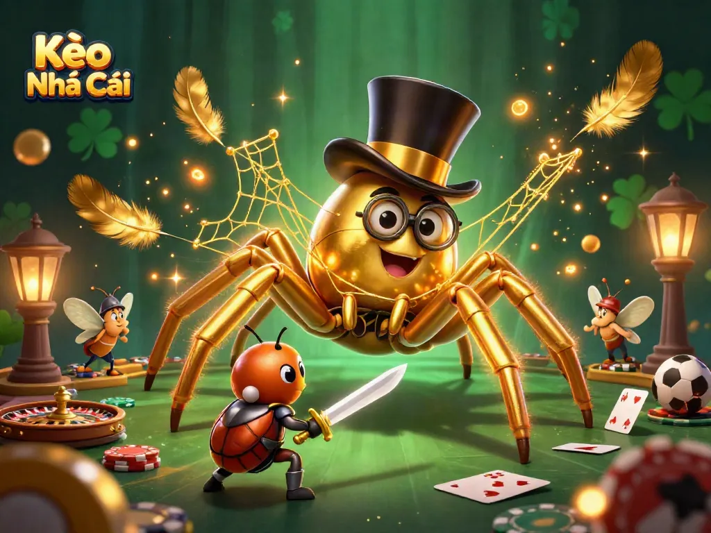 Kèo Nhà Cái illustration featuring a golden tarantula and beetle knight intertwined with casino elements.