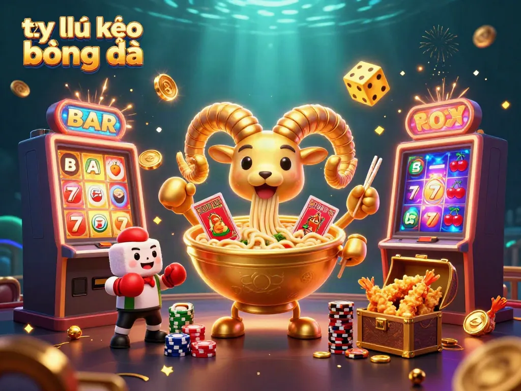 Winning with tỷ lệ kèo bóng đá - a vibrant illustration featuring a giant ramen bowl character and casino excitement.