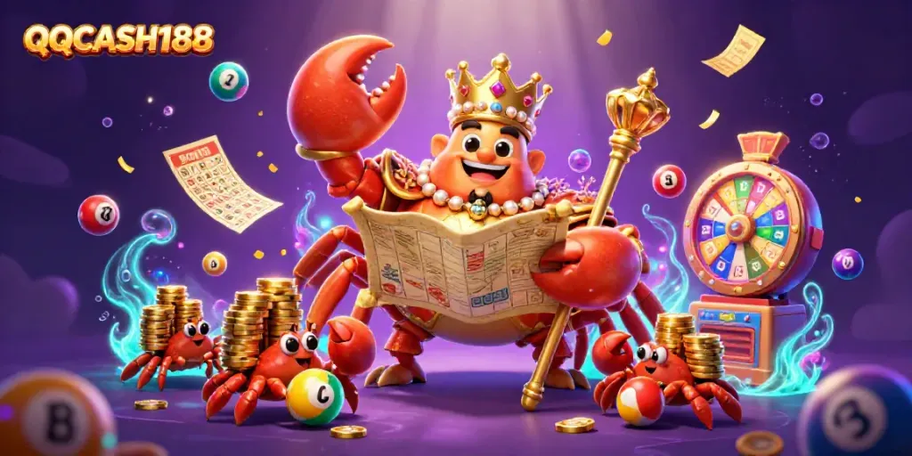 Engage with QQCASH188 through a vibrant casino scene featuring a golden crab emperor, colorful lottery elements, and a treasure map.