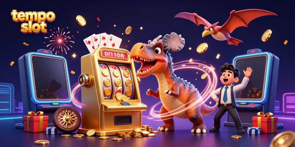 Permainan jackpot yang mengasyikkan di tempo slot dengan dinosaurus dan koin emas yang terbang.