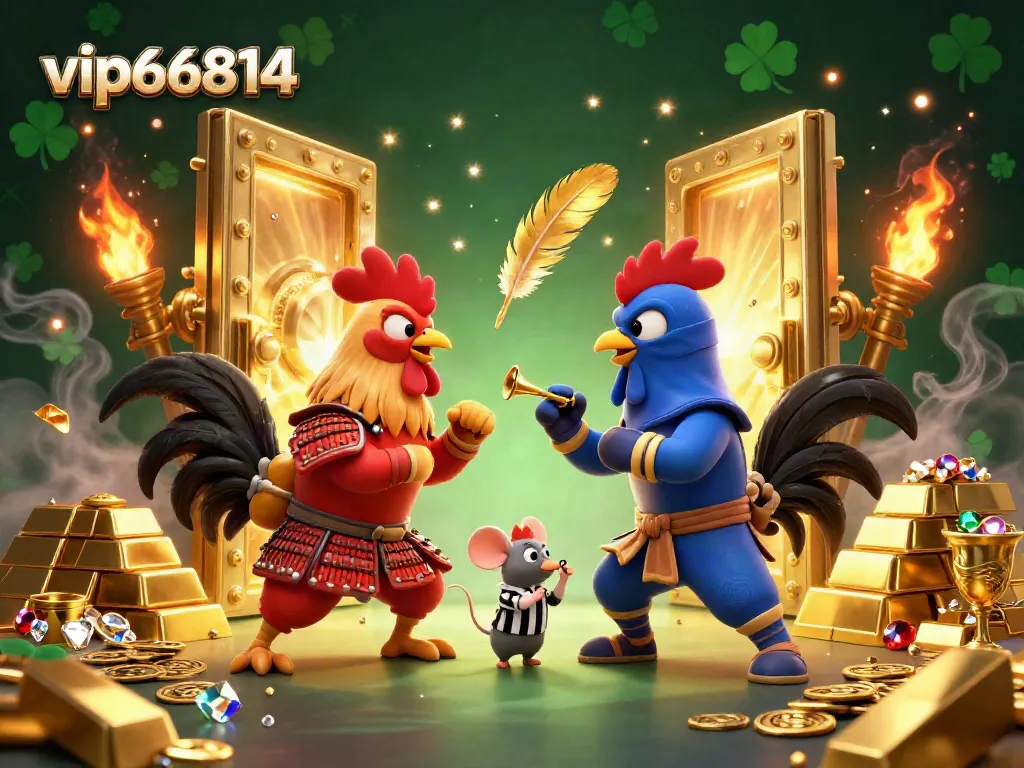 Engage with the exciting vip66814 casino world featuring animated roosters and treasures amidst thrilling visuals.