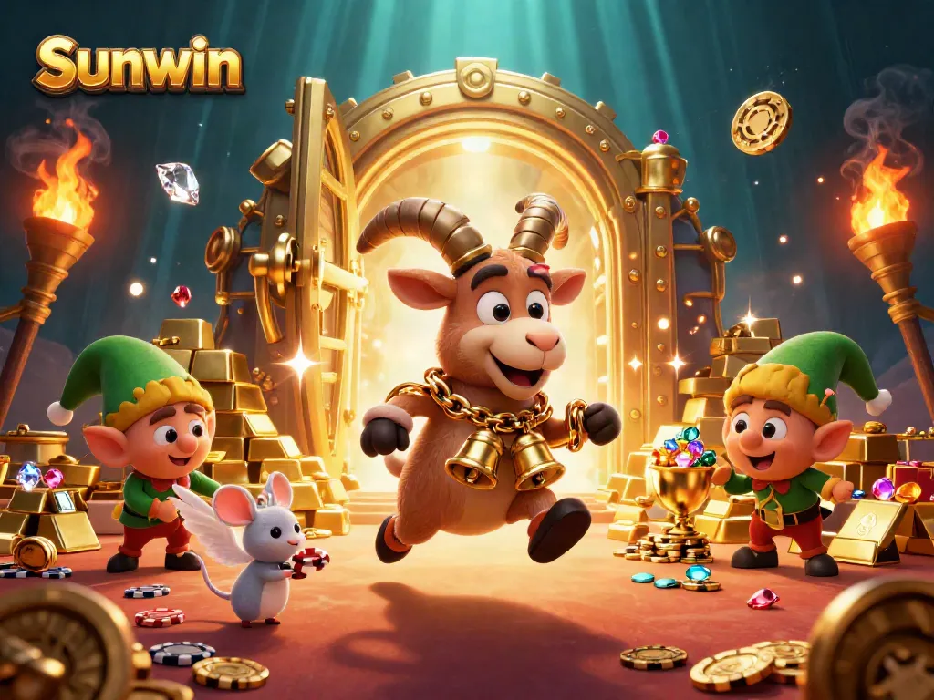 Experience thrilling gameplay at the Sunwin casino with festive characters and exciting winnings in a vibrant scene.