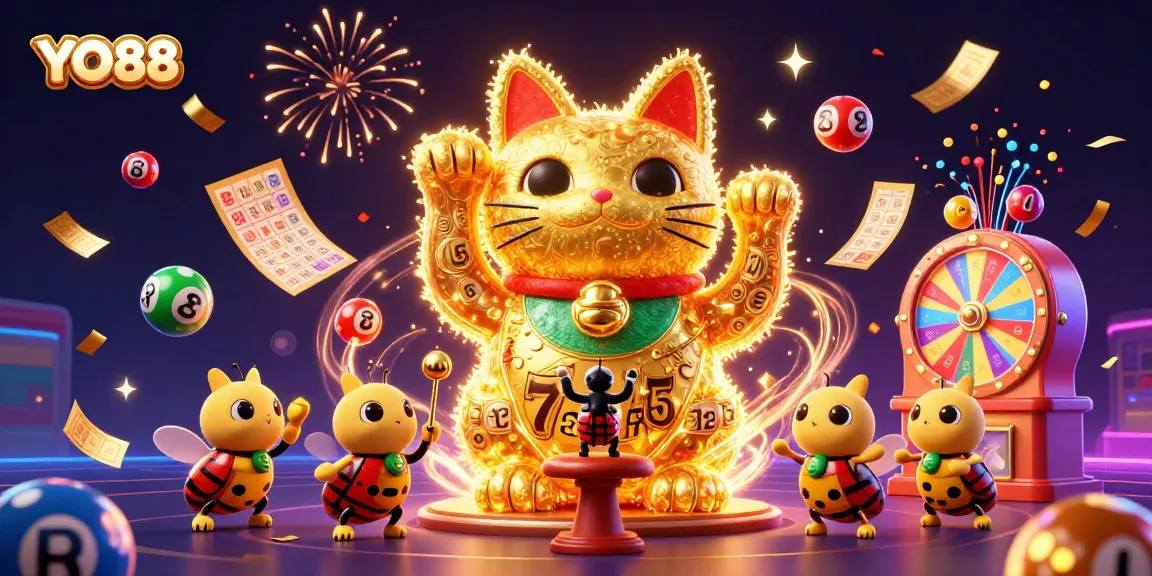 Experience YO88's gaming excitement with a stunning illustration of a lucky cat surrounded by casino symbols.