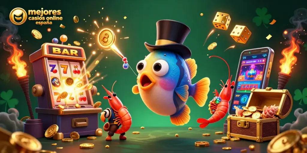 Ilustración 3D de los mejores casinos online España con un pez linterna y un camarón pirata, atrayendo monedas doradas.