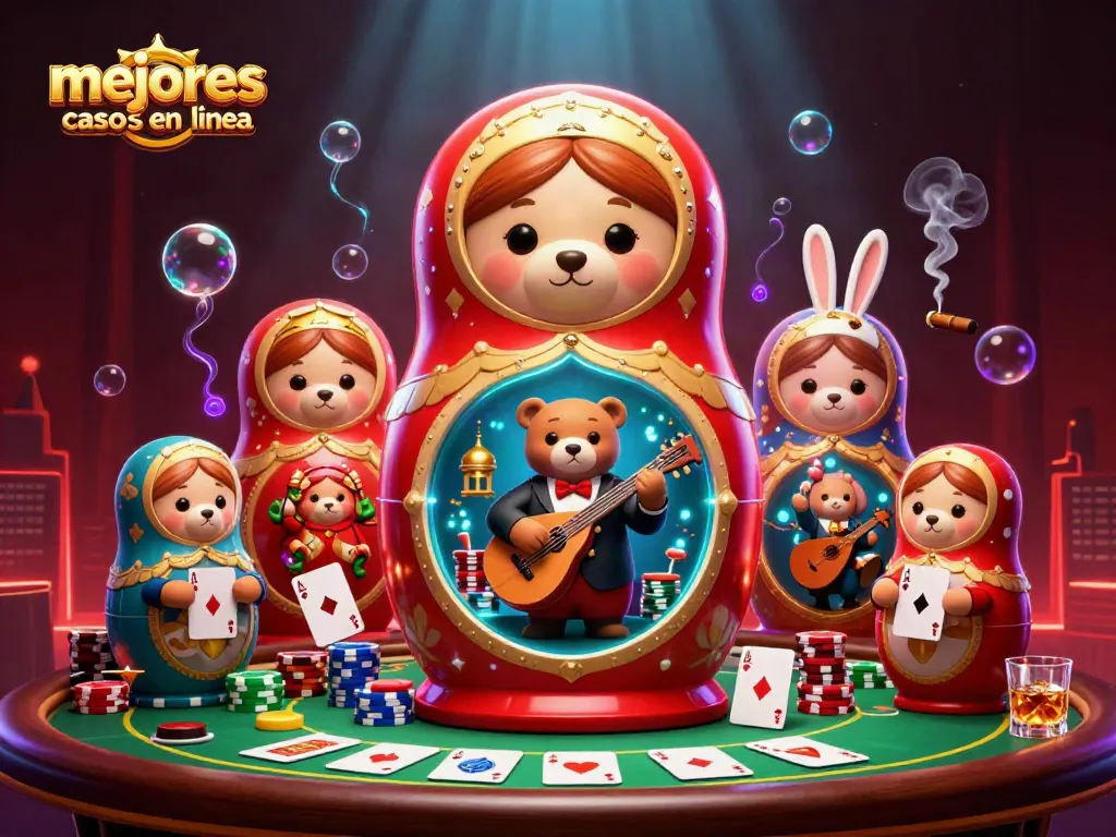 Ilustra los mejores casinos en línea con un oso Matryoshka de casino rodeado de elementos de juego.