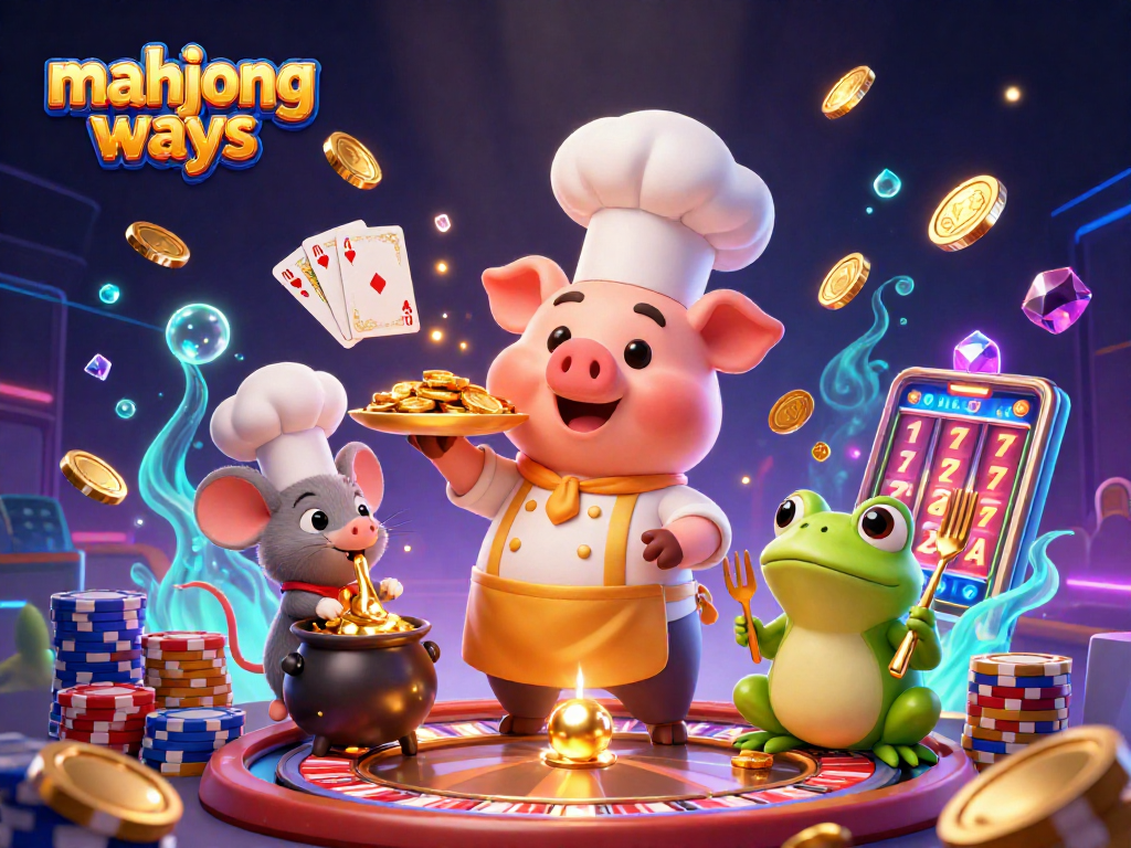 Engage with mahjong ways as a chef pig serves gold coins in a vibrant 3D casino scene.