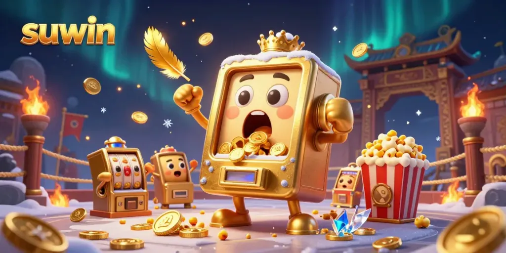 Experience a thrilling jackpot moment with suwin as cartoon slot machines celebrate wins amidst gold coins and vibrant particles.