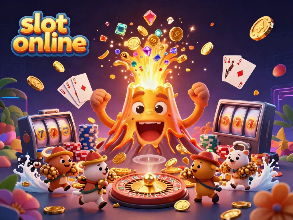 Experience the thrill of slot online with a dynamic scene of a volcano erupting coins and treasures, enticing players.