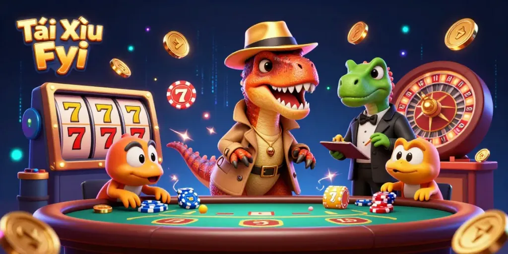 Tài Xỉu Fyi features a velociraptor at a blackjack table with casino elements, capturing the excitement of gambling.