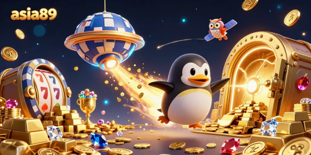 Experience the thrilling journey of asia89 with a golden penguin racing towards a cosmic casino.