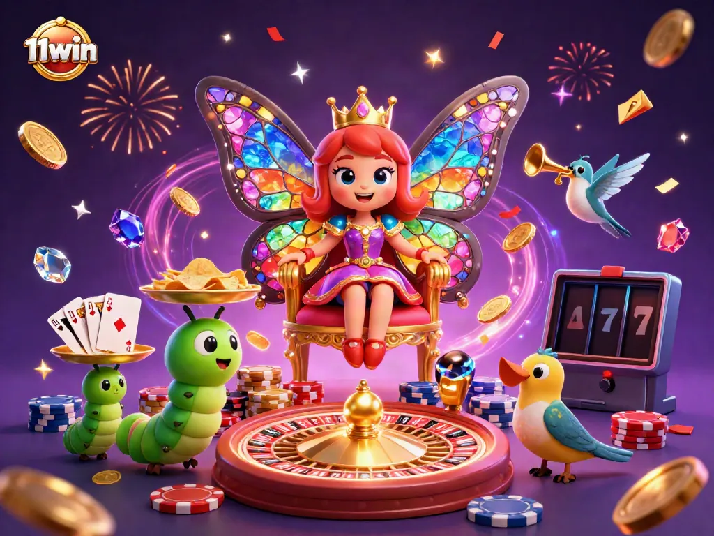 Experience thrilling gaming at 11win with dazzling visuals of slot machines, golden chips, and a vibrant atmosphere.