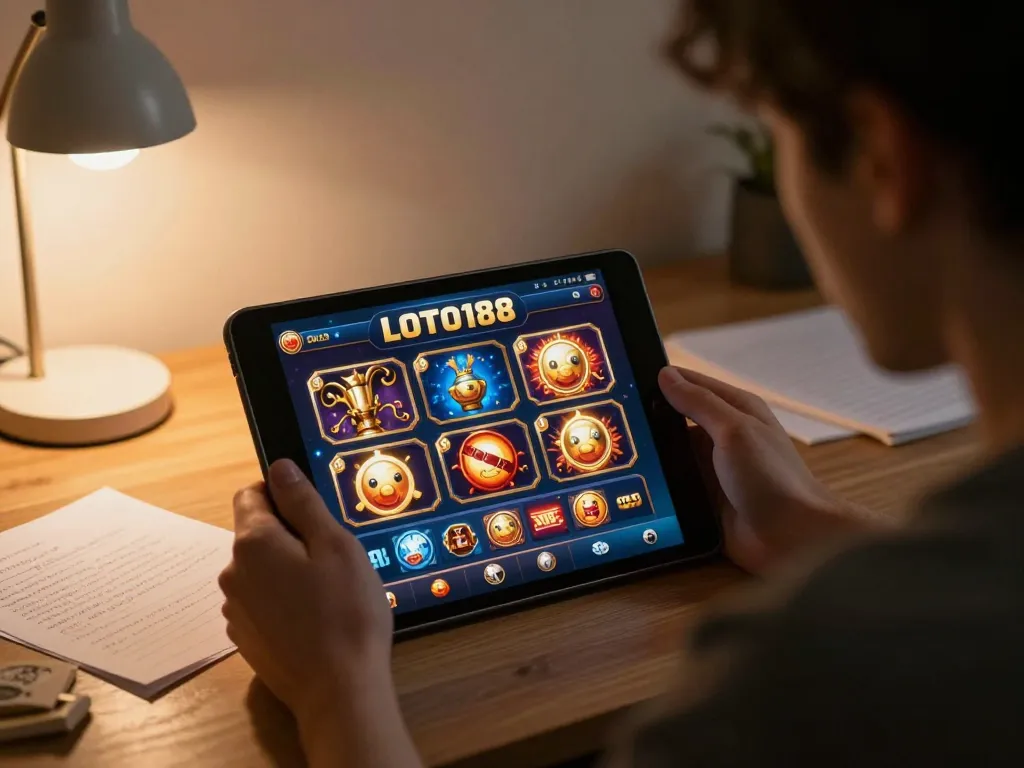 LOTO188 player analyzing strategies on tablet at home, warm atmosphere, inviting gaming experience.