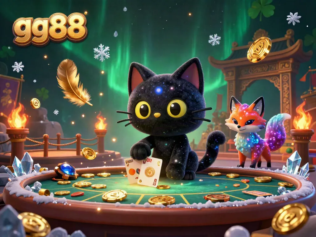 Engage with the cosmic casino scene featuring gg88's captivating black hole cat pulling in bets and cards.