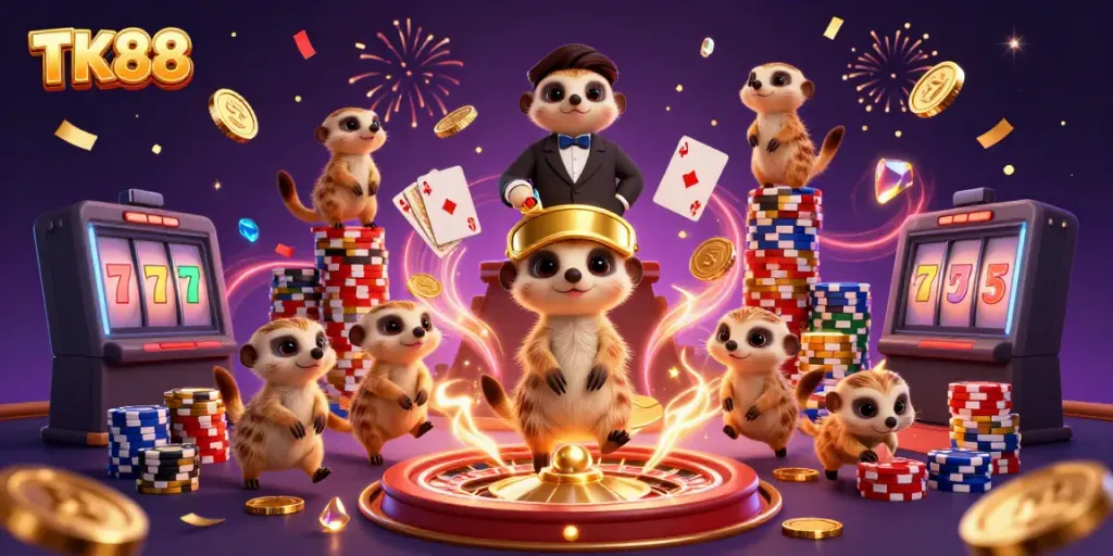 Experience the excitement of TK88's vibrant casino world with lively meerkat characters engaged in thrilling gaming action.
