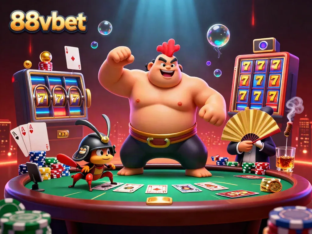 Experience the excitement of gambling with the 88vbet rooster sumo wrestler and samurai cricket amidst vibrant casino elements.