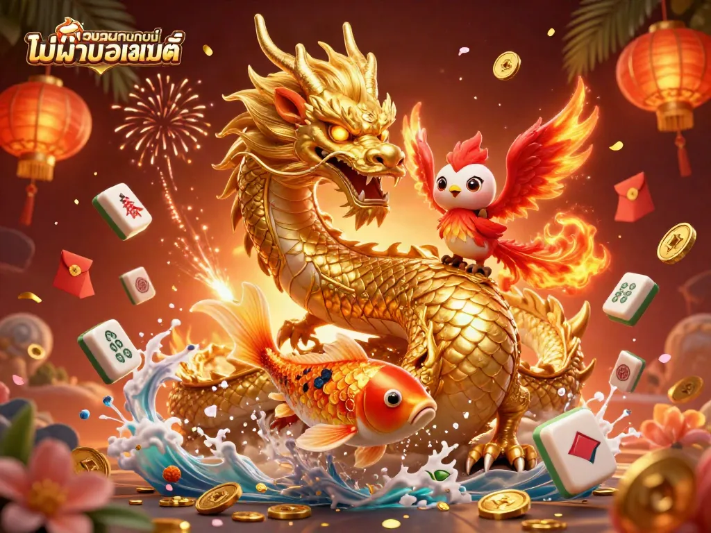 เล่นพนันกับเว็บพนันออนไลน์ ไม่ผ่านเอเย่นต์ โดยมีมังกรทองและนกฟีนิกซ์ในภาพ 3D
