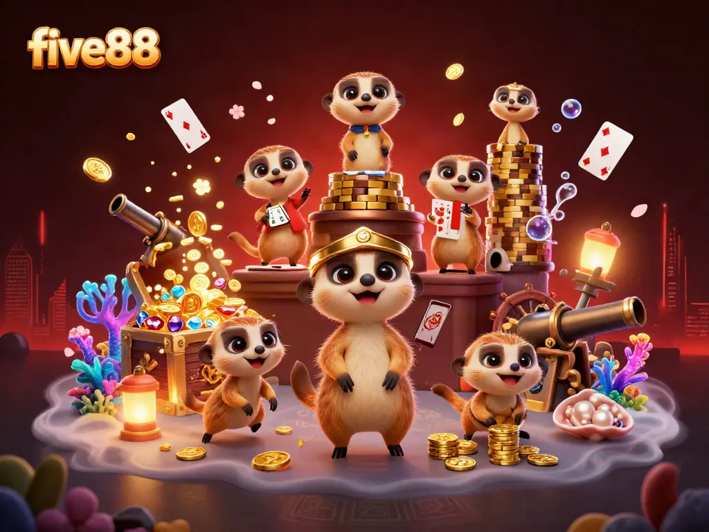 Experience the excitement of five88 with lively meerkats in a vibrant casino scene full of treasures.