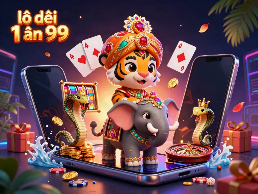 Experience the thrill of lô đề 1 ăn 99 with this vibrant 3D casino illustration featuring dynamic characters and gaming elements.