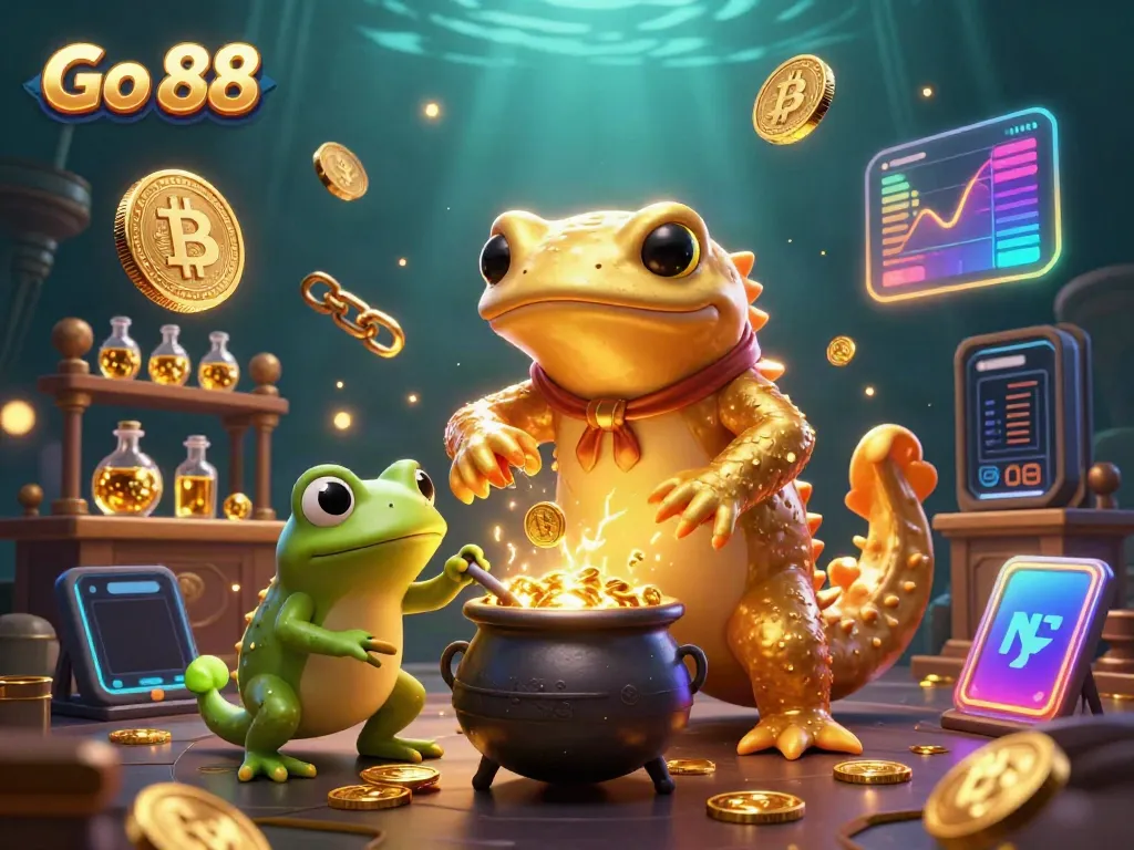 Engage with Go 88 in a magical casino scene featuring alchemical gold-making, gaming coins, and vibrant energy.