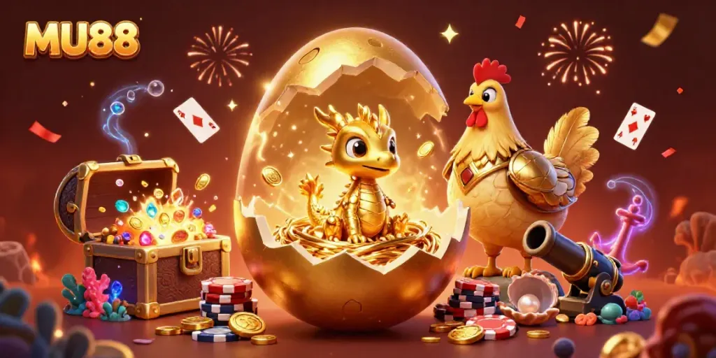 Experience MU88 with a golden dragon and poker chips illustration showcasing a vibrant casino atmosphere.
