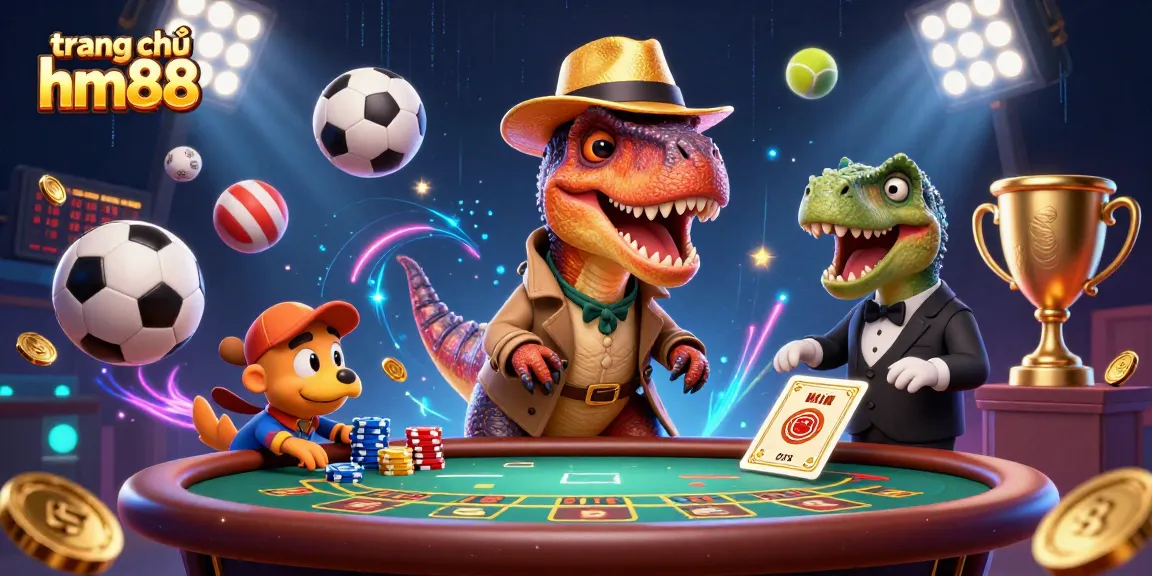 Experience dynamic gameplay at trang chủ hm88 with a vivid illustration of casino action featuring a velociraptor card counter.