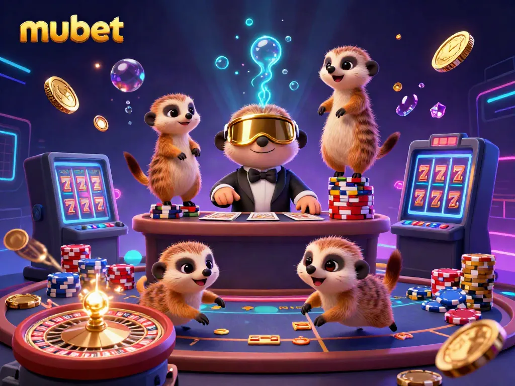 Experience the excitement of online betting at mubet with lively meerkats running a vibrant casino scene.
