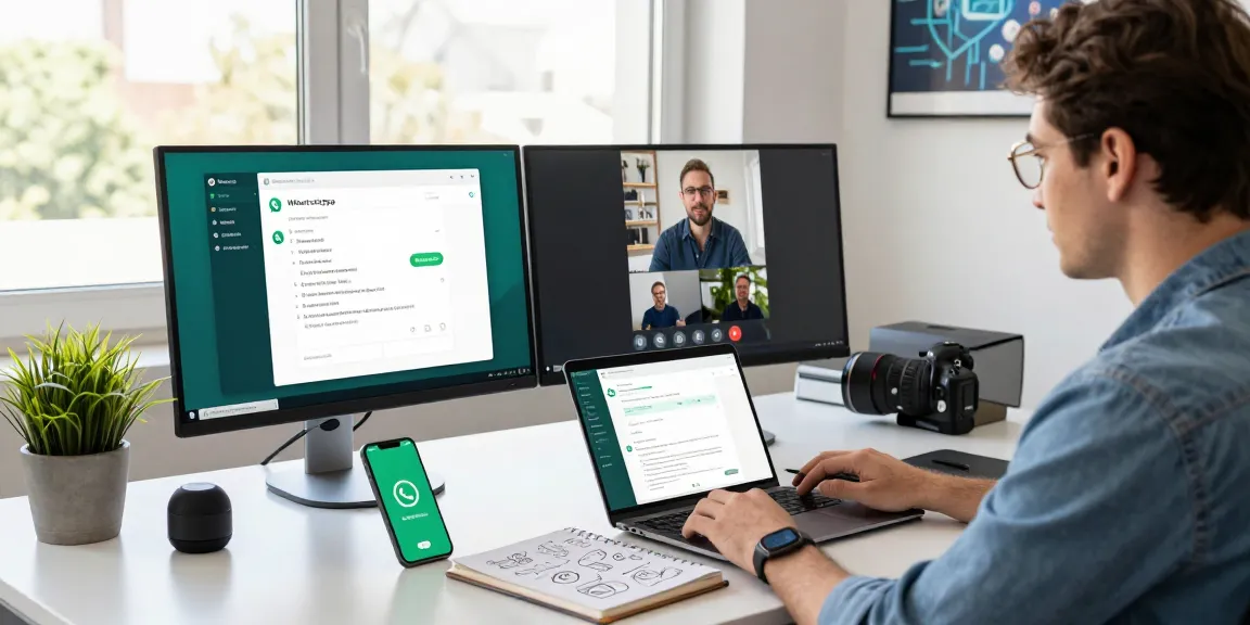Engaged user operating WhatsApp電腦版 on multiple screens in a modern workspace.