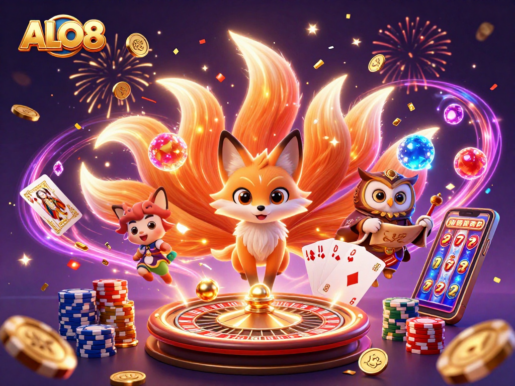 Unleash winning strategies at ALO8 with vibrant casino elements and lively character spirits.
