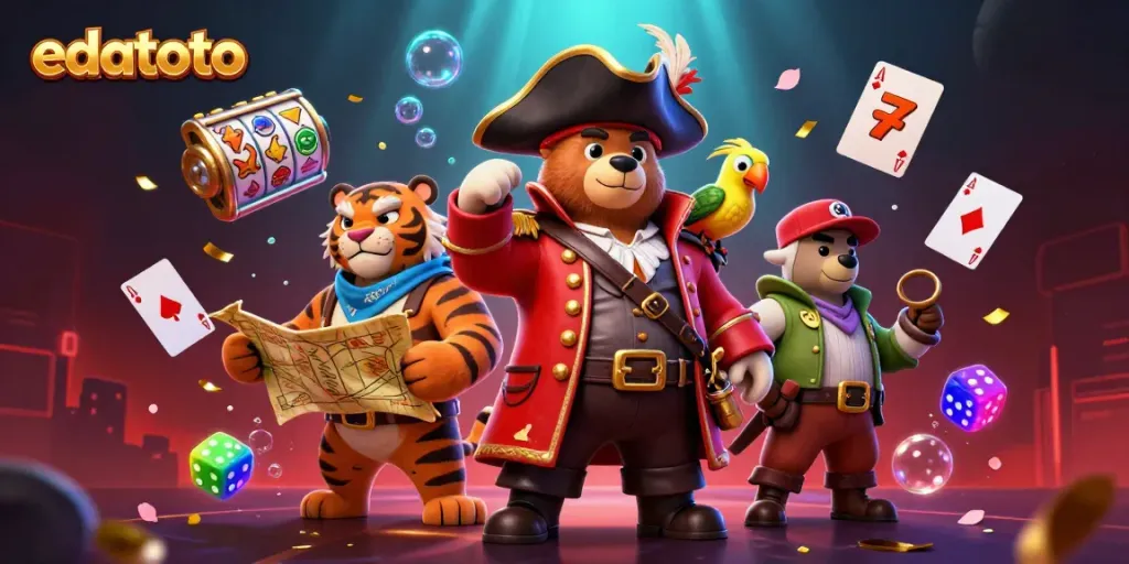 Experience thrilling casino adventures with edatoto as a spirited pirate bear leads in this vibrant illustration.