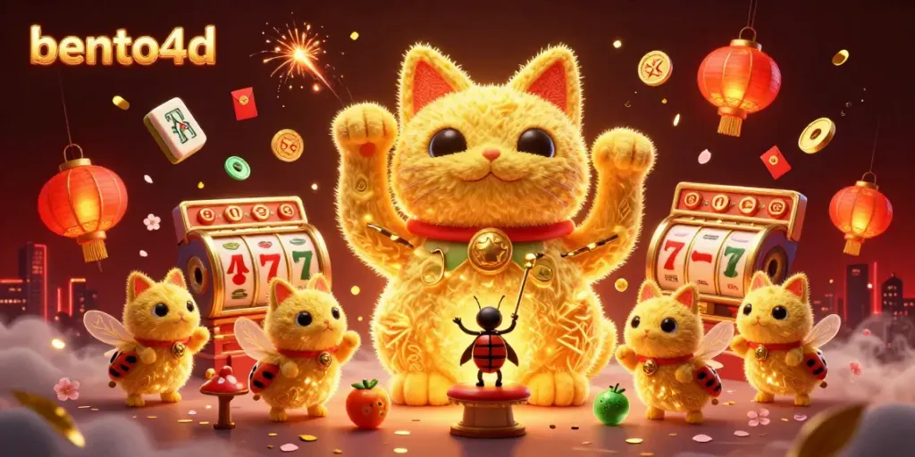 bento4d showcases a vibrant, detailed casino scene with golden fireflies, a lucky cat, and dynamic slot symbols.