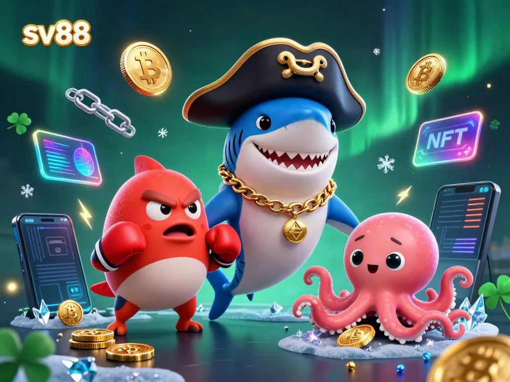 Experience thrilling online gambling at sv88 with exciting characters, gold coins, and neon crypto elements.