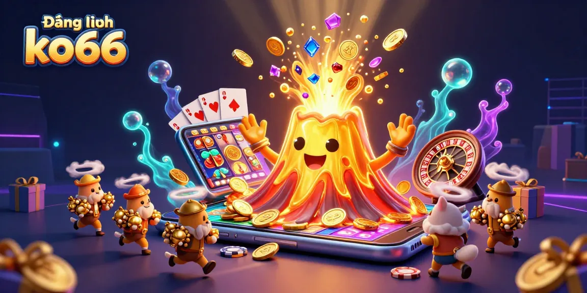 Engage with Đăng nhập ko66 through vibrant treasures and casino games overflowing around a golden volcano.