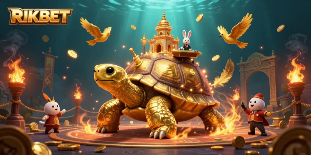 Experience the vibrant world of RIKBET with a thrilling casino adventure featuring a golden tortoise and dealer.
