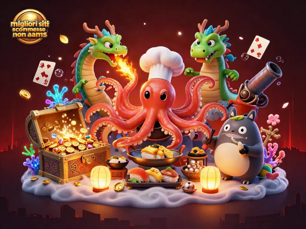 I migliori siti scommesse non aams mostrati in un'illustrazione 3D accattivante e dettagliata, con personaggi e elementi di gioco dinamici.