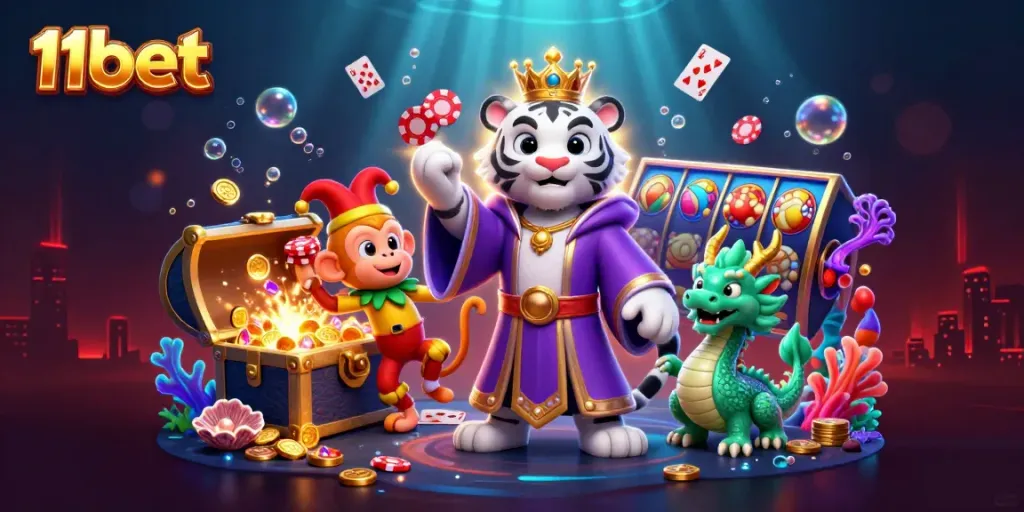 Experience the thrilling gambling scene with 11bet featuring vibrant characters and exciting casino elements.