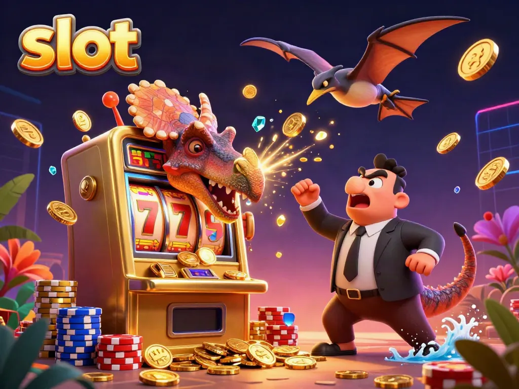 Slot machine jackpot coins are flying as dinosaurs and a casino manager collaborate in this exciting scene.