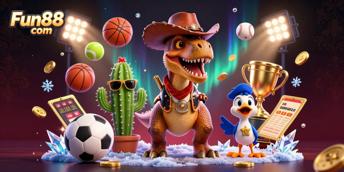 Bet on exciting sports events with Fun88 com, featuring a vibrant cowboy dinosaur and festive sports elements.