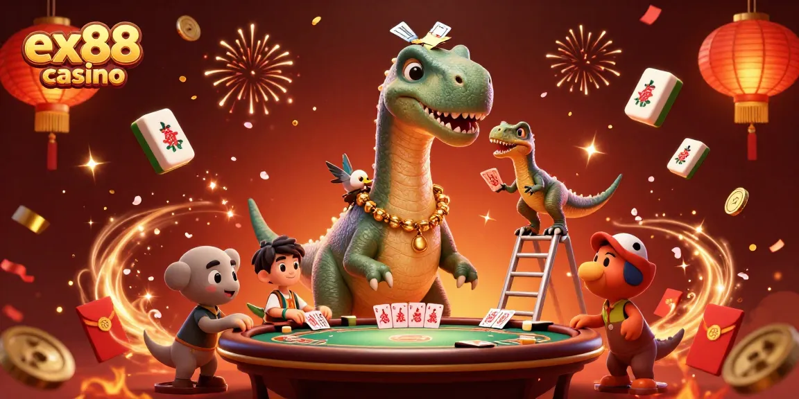 Experience thrilling gameplay at ex88 casino with a dinosaur dealing cards in a festive atmosphere.