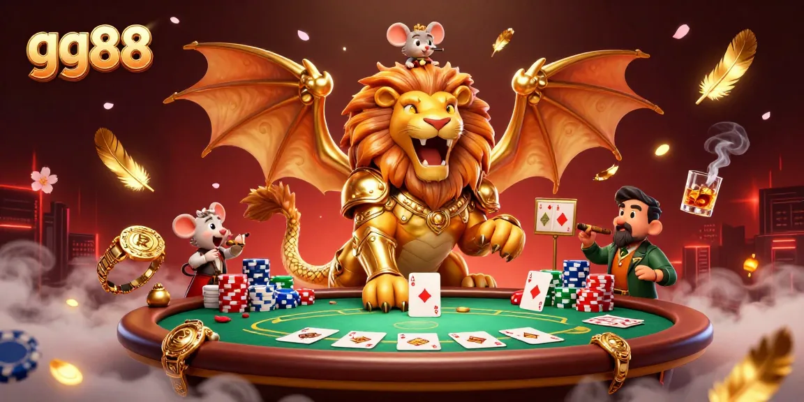 Engage in thrilling poker with gg88, featuring a dynamic scene of a chimera and mouse jockey amid casino elements.