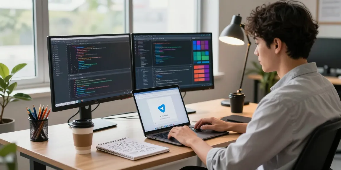 Innovative tech workspace with a focus on Telegram下载, showcasing a professional using a laptop and monitors in a bright office.