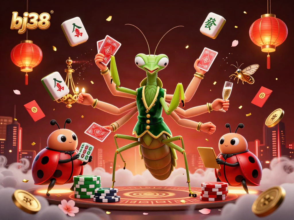 Experience the excitement of bj38 with a vibrant casino scene featuring a praying mantis dealing cards and a ladybug pit boss.