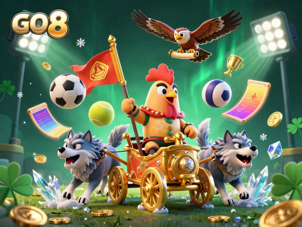 Experience the action of GO 8 with a cartoon rooster warlord in a golden chariot decorated with sports elements.