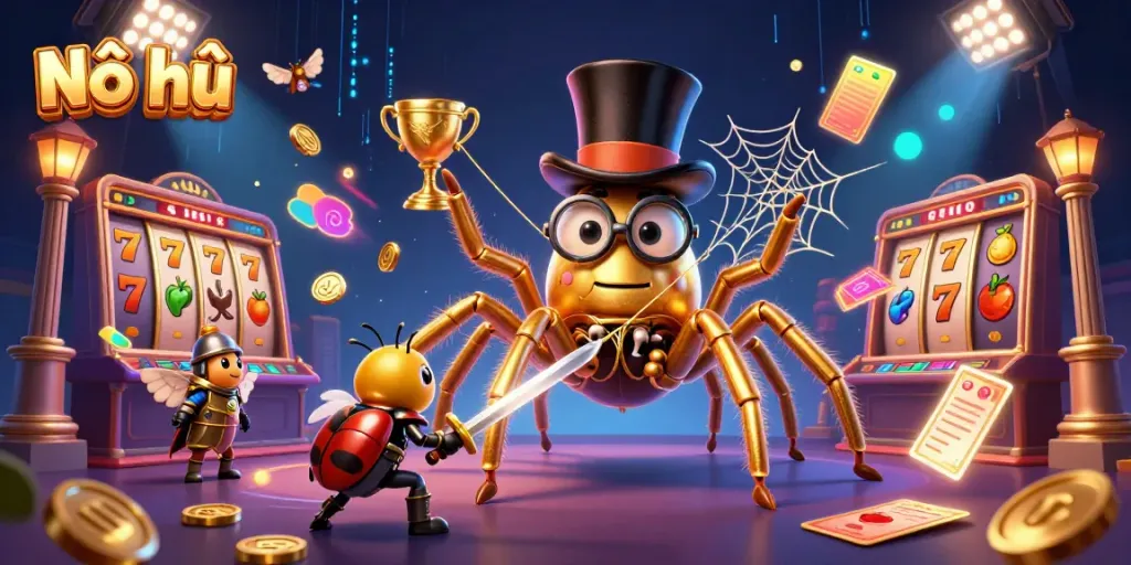 Nổ hũ showcases an engaging slot game scene with a golden tarantula and adventurous beetle knight.