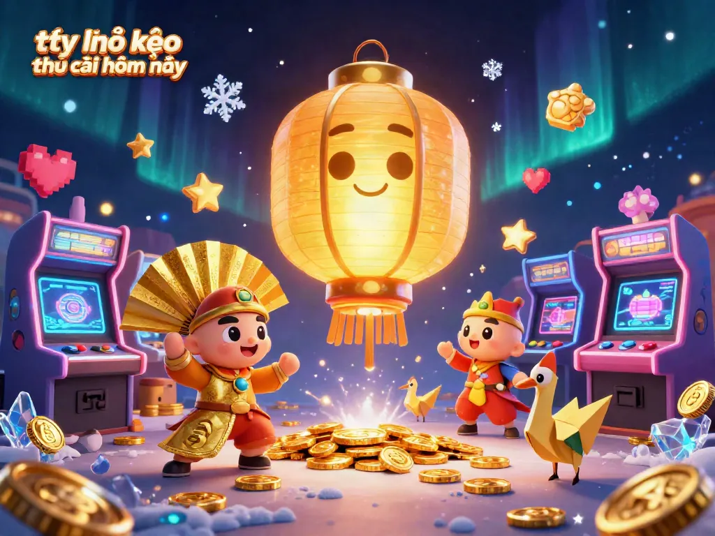 Experience vibrant gaming with tỷ lệ kèo nhà cái hôm nay showcasing golden lanterns and arcade machines.