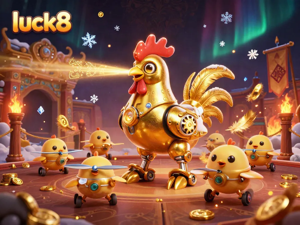 Engage in exciting gaming at luck8 with a futuristic golden rooster robot and vibrant casino elements.