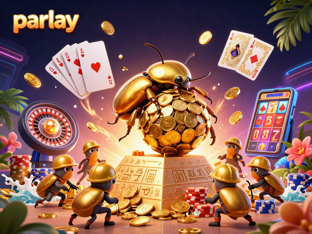 Experience thrilling gameplay with parlay strategies while golden coins cascade around a vibrant casino scene.