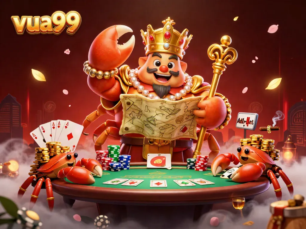 Win big at vua99 with a golden crab emperor ruling a vibrant 3D casino scene filled with poker and treasure.