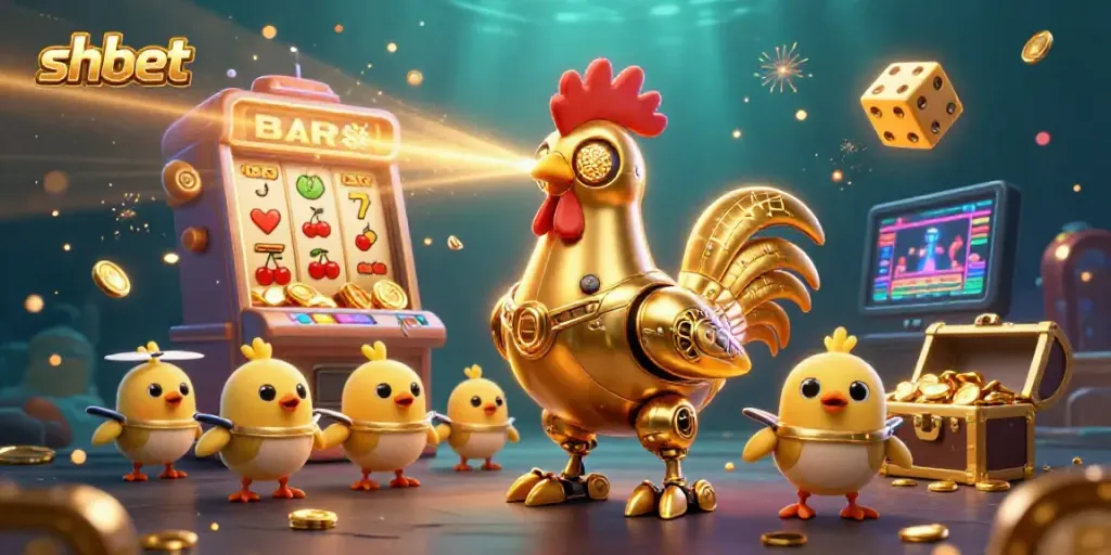 Experience shbet's thrilling 3D casino adventure with a golden rooster robot and baby chick drones.